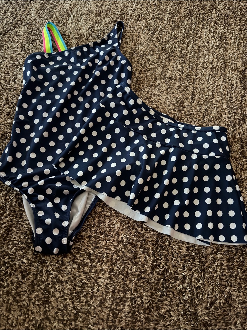 Lands End Navy Polka Dot One-Piece Swimsuit with Skirt